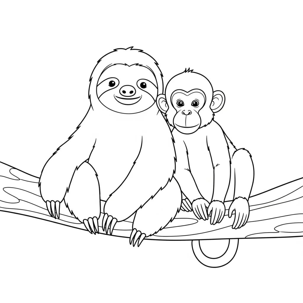 Faultier ausmalbild zum Ausdrucken kostenlos. Ein fröhliches Faultier sitzt mit einem Affen zusammen auf einem Ast – eine unterhaltsame Malvorlage für Kinder.