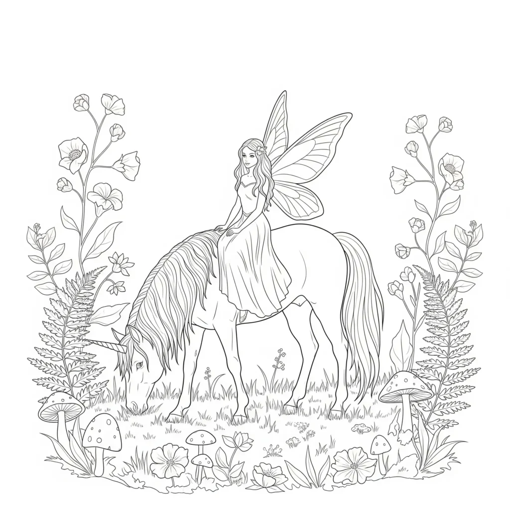 16 Feen Ausmalbilder (Kostenlos Malvorlage zum Ausdrucken) Das Fee und Einhorn Ausmalbild zeigt eine märchenhafte Szene voller Magie. Eine tolle Vorlage für Kinder zum kreativen Ausmalen.