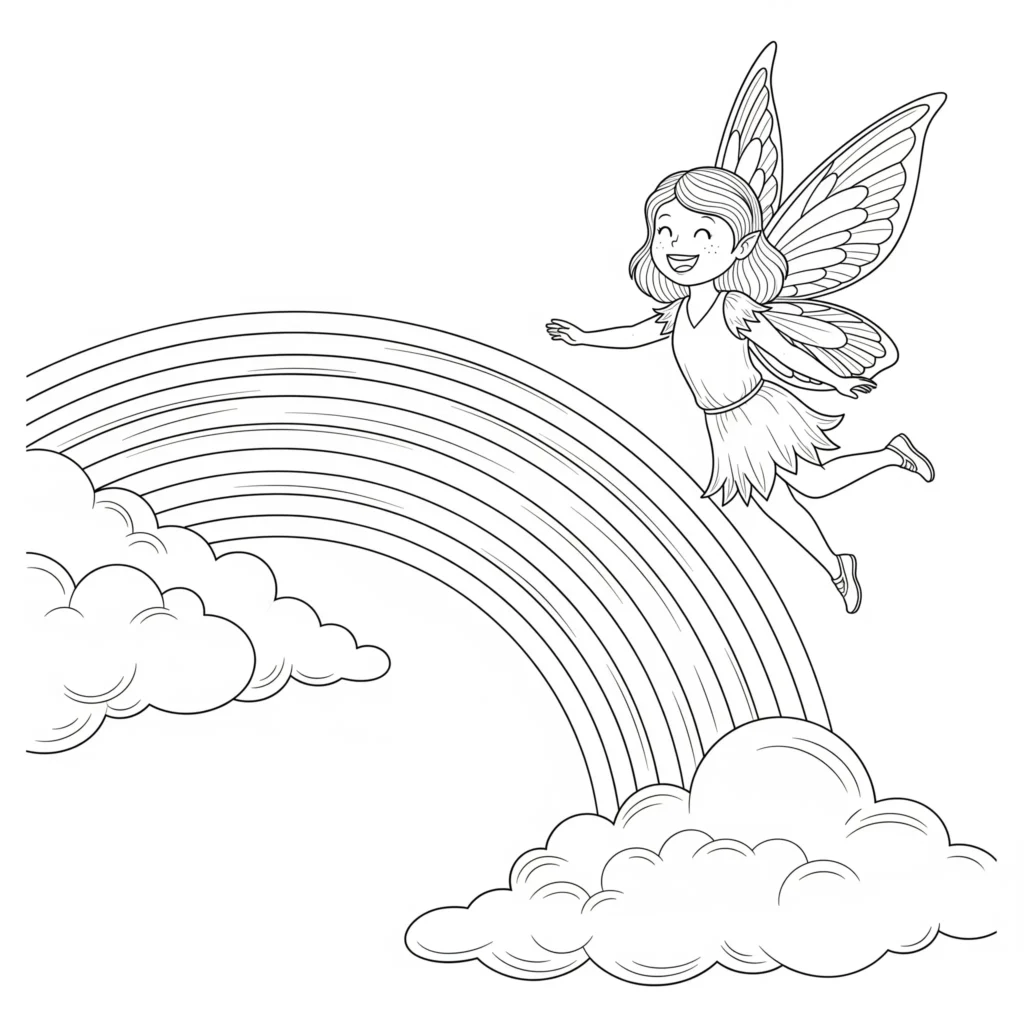 16 Feen Ausmalbilder (Kostenlos Malvorlage zum Ausdrucken) Das Fee über den Regenbogen Ausmalbild zeigt eine märchenhafte Szene voller Farben. Eine schöne Vorlage für Kinder, die Fantasie lieben.