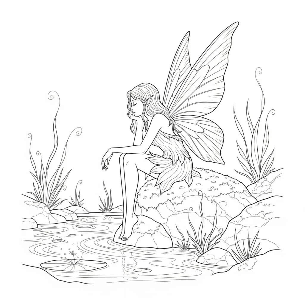 16 Feen Ausmalbilder (Kostenlos Malvorlage zum Ausdrucken) Dieses Fee Ausmalbild zeigt eine wunderschöne Fee, die ruhig an einem klaren Kristallteich sitzt. Kinder können Wasser, Flügel und Natur im Hintergrund farbenfroh gestalten.