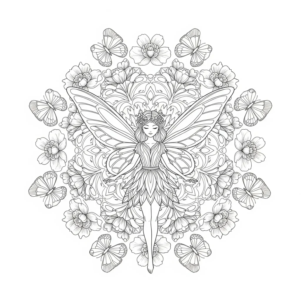 16 Feen Ausmalbilder (Kostenlos Malvorlage zum Ausdrucken) Das Fee Mandala Ausmalbild bietet filigrane Muster und zauberhafte Details. Eine kreative Vorlage für entspannendes Ausmalen.