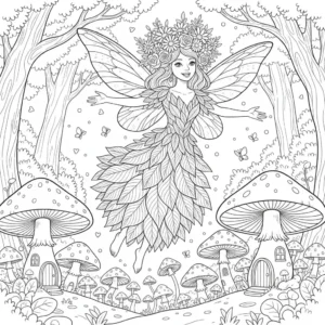 16 Feen Ausmalbilder (Kostenlos Malvorlage zum Ausdrucken) Ein magisches Ausmalbild mit einer Fee, die mit Blumenkrone über Pilze fliegt. Ideal für Kinder, die Feen und Natur lieben.