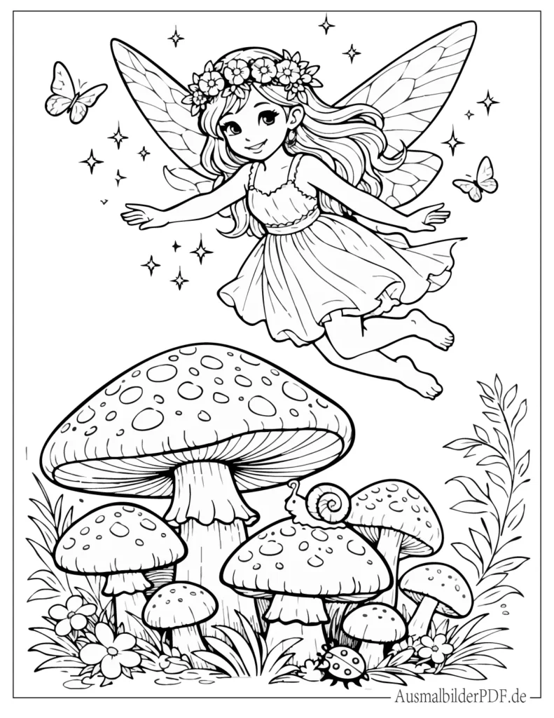 Fee mit Blumenkrone fliegt über einen Wald mit Pilzen, fantasievolle Szene als kreative Malvorlage für Kinder