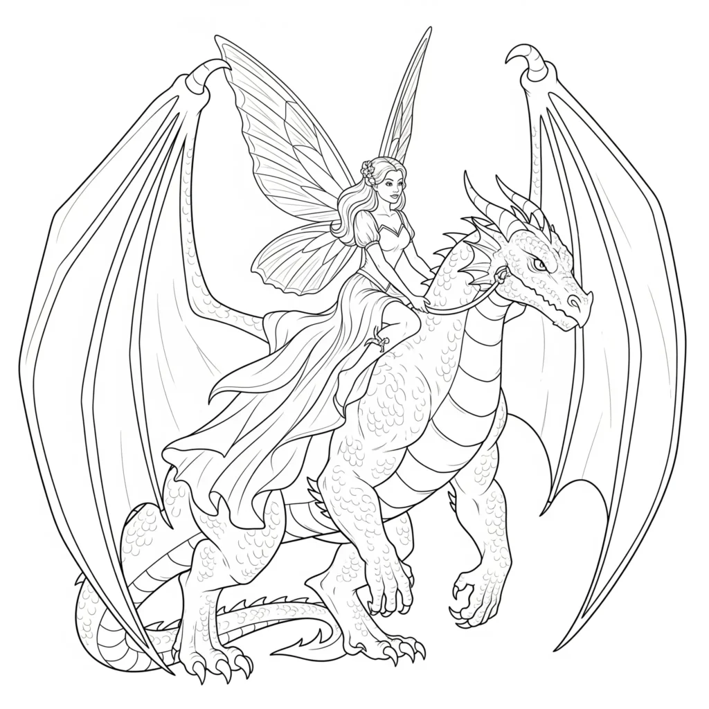 16 Feen Ausmalbilder (Kostenlos Malvorlage zum Ausdrucken) Dieses fantasievolle Fee Ausmalbild zeigt eine mutige Fee, die auf einem mächtigen Drachen reitet. Ideal für Kinder, die Märchen, Magie und Abenteuer lieben.