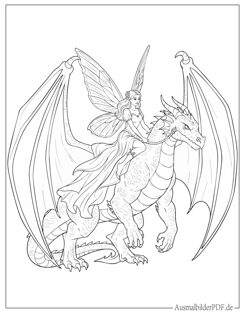 Magische Fee fliegt auf einem freundlichen Drachen durch eine Fantasy Welt, kreative Vorlage zum Ausmalen für Kinder