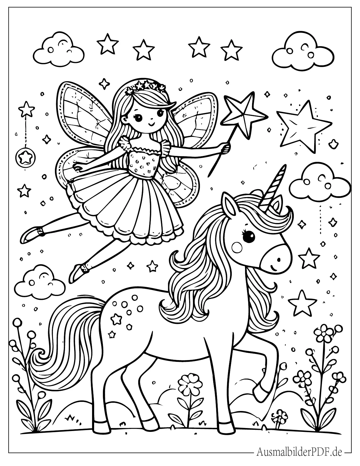 Kleine Fee mit Schmetterlingsflügeln fliegt über Einhorn Ausmalvorlage