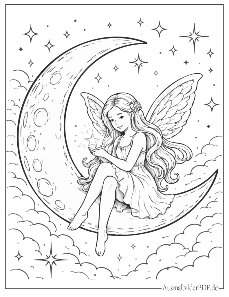 Fee auf Sichelmond Ausmalbild für Kinder, einfache fantasievolle Malvorlage zum Ausdrucken und kreativen Ausmalen
