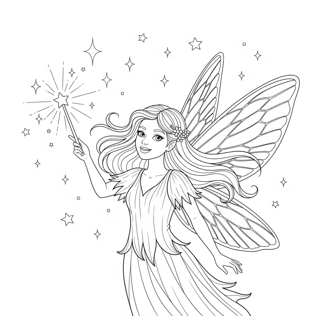 16 Feen Ausmalbilder (Kostenlos Malvorlage zum Ausdrucken) fee ausmalbild pdf mit zauberstab und funkelnden sternen als druckvorlage zum ausmalen für kinder die magische motive lieben und kreativ sein möchten