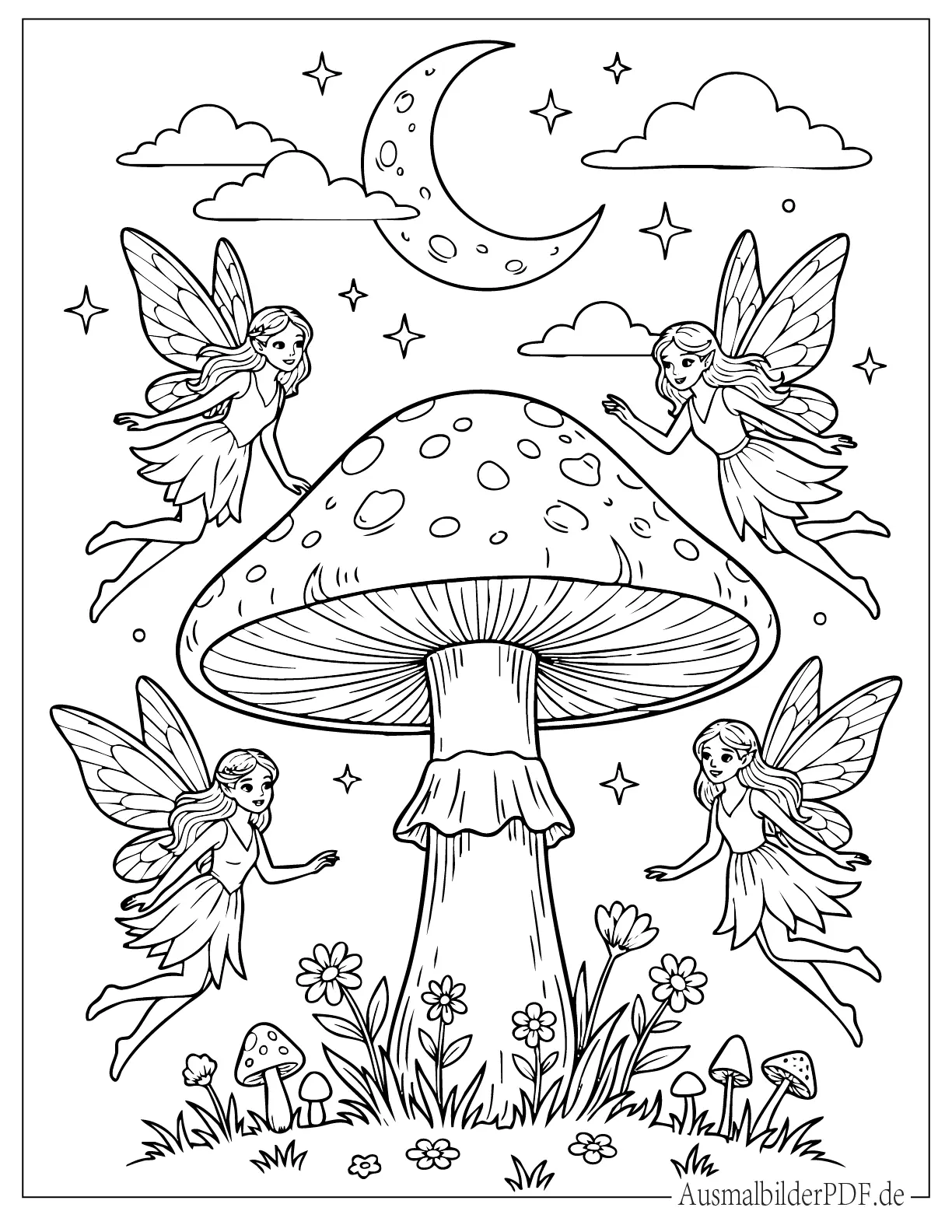Feen fliegen um einen Pilz unter dem Mond zum Ausmalen