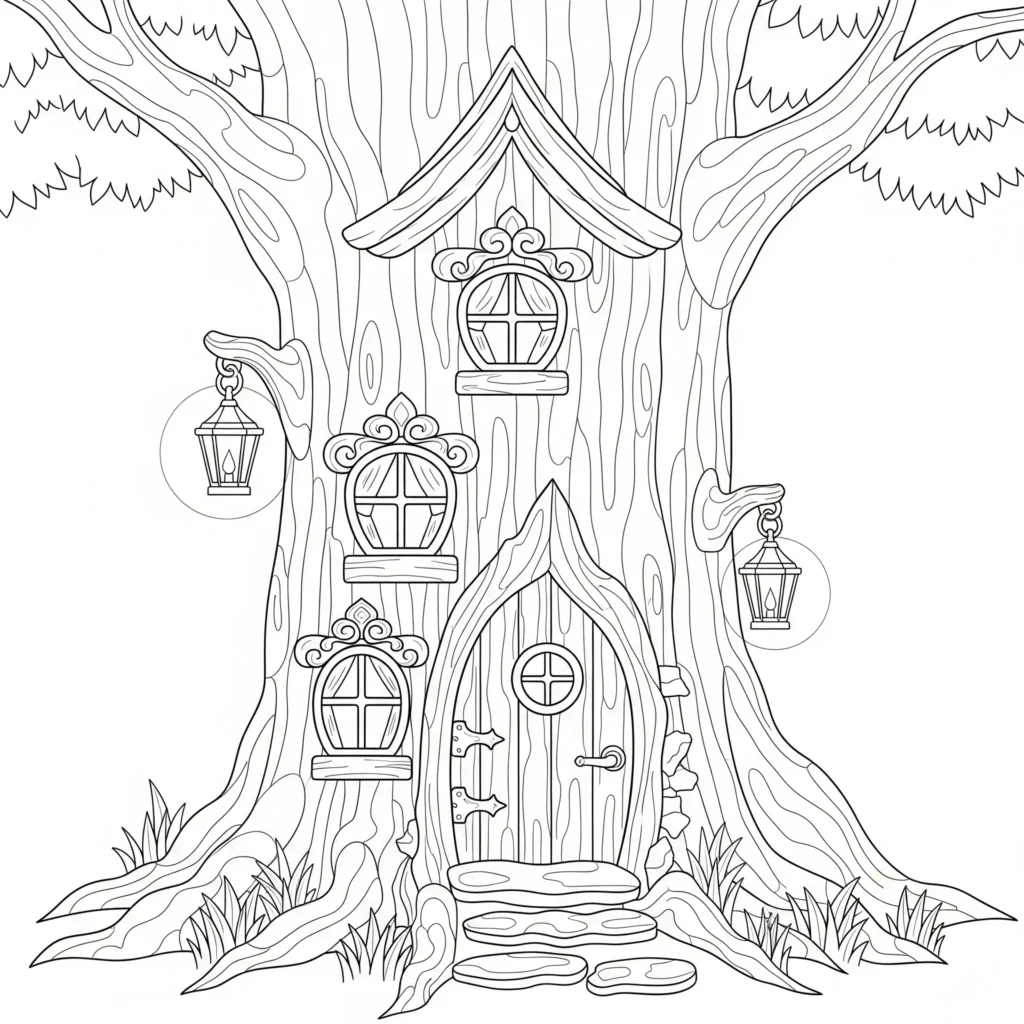 16 Feen Ausmalbilder (Kostenlos Malvorlage zum Ausdrucken) Dieses märchenhafte Fee Ausmalbild zeigt ein gemütliches Feenhaus, das in einem alten Baumstamm gebaut ist.