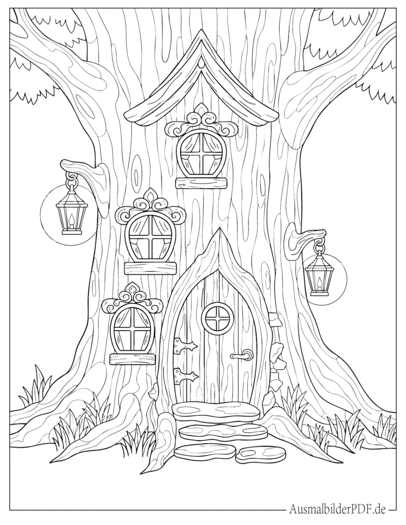 Kleines Feenhaus in einem Baumstamm versteckt, detailreiche Fantasieszene als Ausmalbild für Kinder zum kreativen Gestalten
