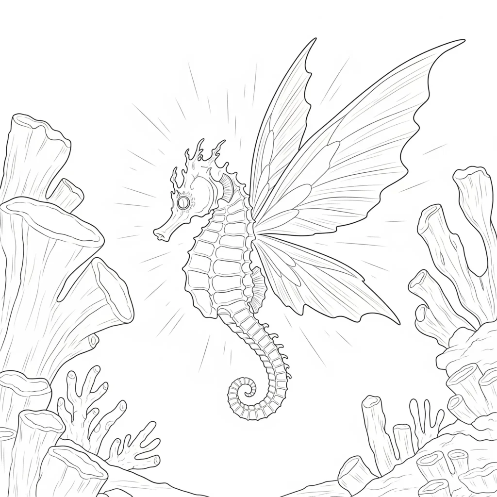 Ausmalbild mit einem zauberhaften Seepferdchen mit Flügeln im Feenstil, ideal zum Ausdrucken für Kinder als fantasievolle und kostenlose Malvorlage