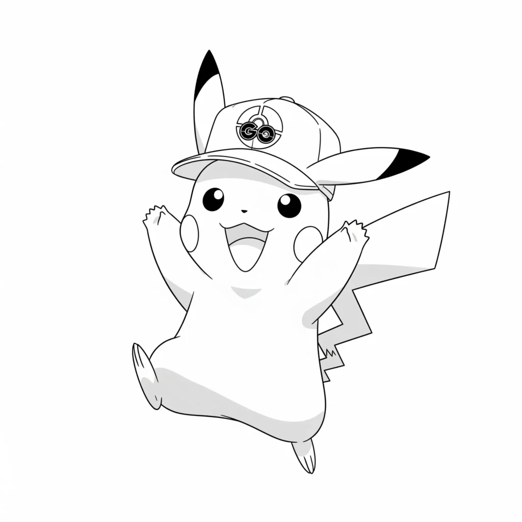 Diese Ausmalvorlage zeigt Pikachu aus Pokémon GO in einer feiernden Pose mit erhobenen Armen – perfekt für fröhliche und kreative Ausmalmomente.