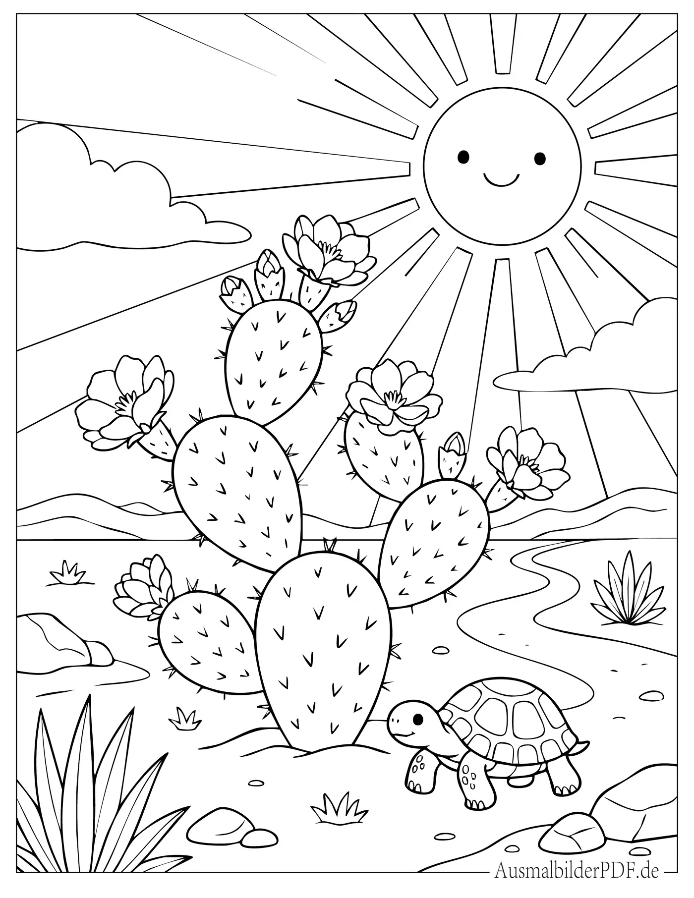 15+ Kaktus Ausmalbilder (Kostenlos Malvorlagen zum Drucken) Feigenkaktus in der Wüstensonne mit einer Schildkröte, die durch die Wüste kriecht, Ausmalbild