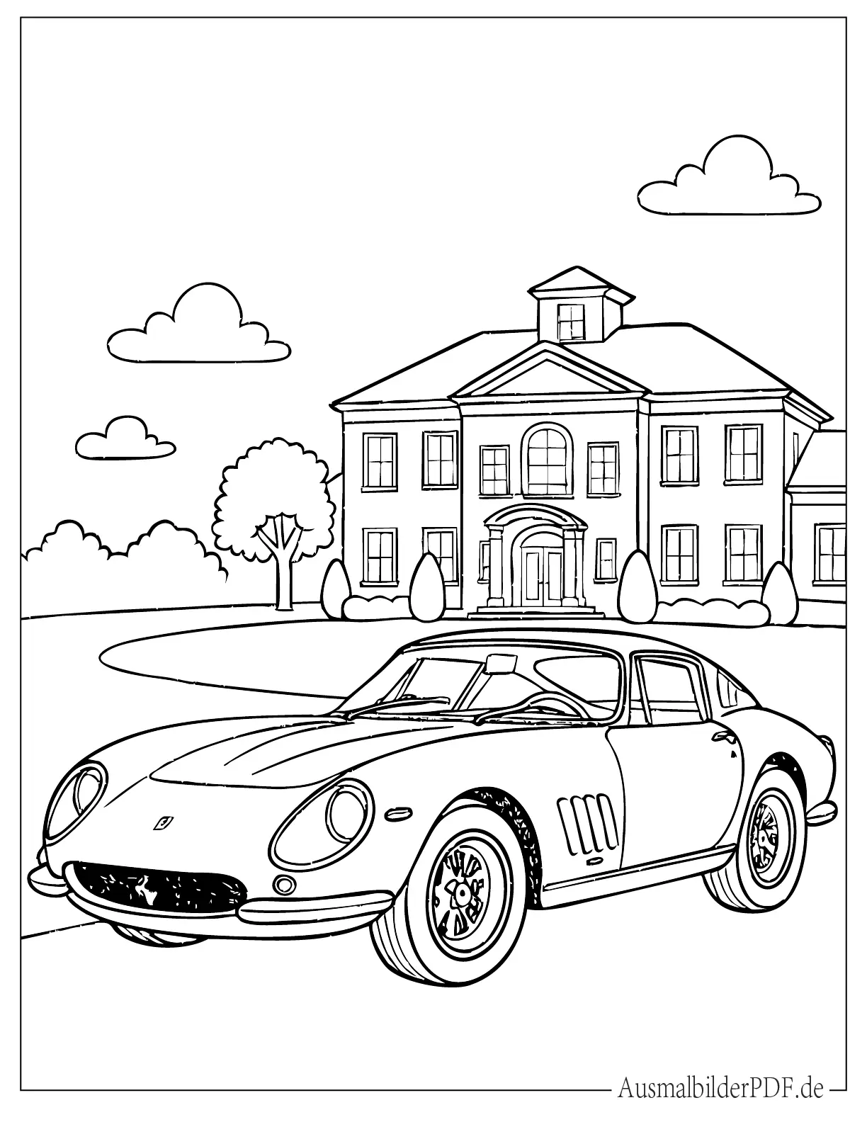 Realistischer Ferrari 275 GTB vor einem Herrenhaus Ausmalbild
