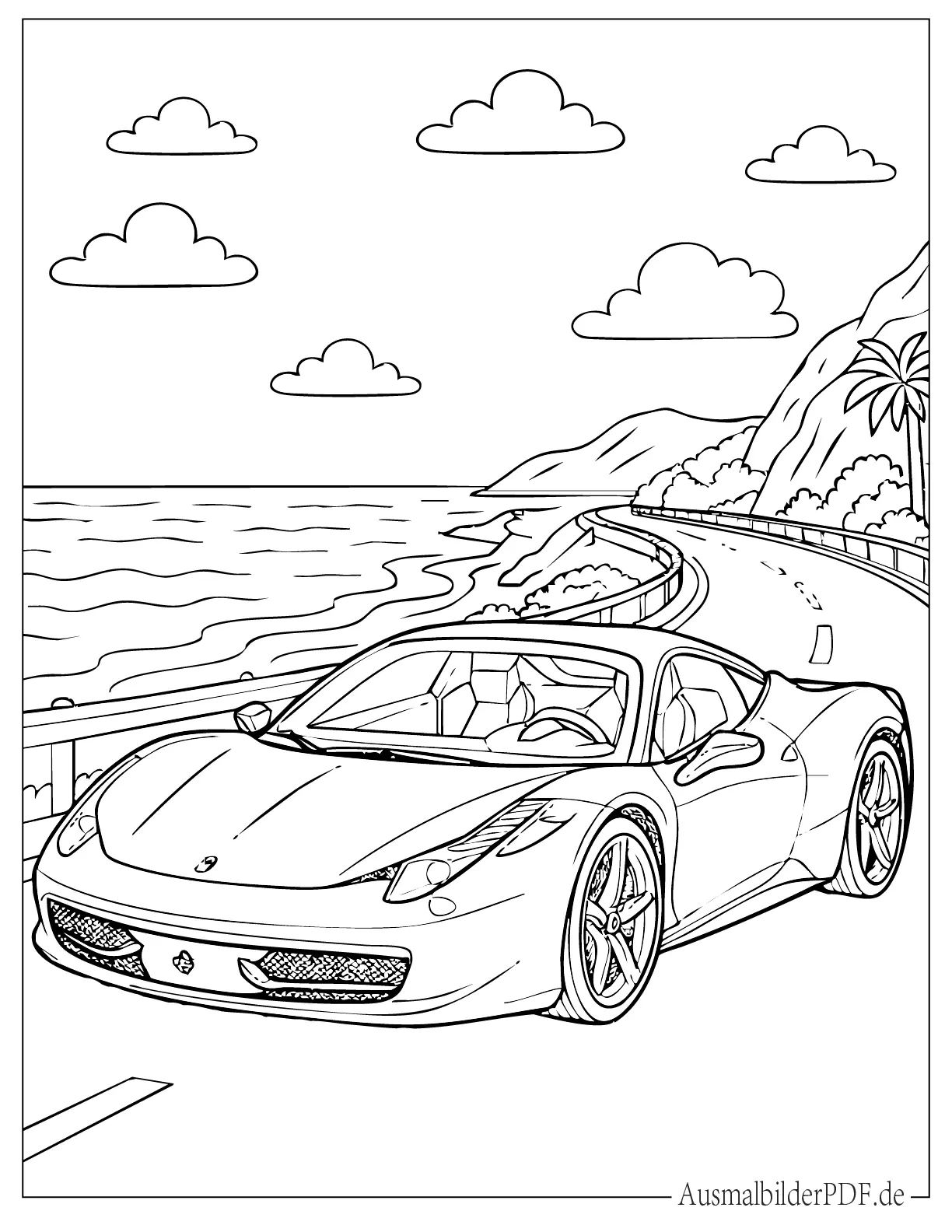 Ferrari 458 auf einer Küstenstraße am Ozean Ausmalvorlage