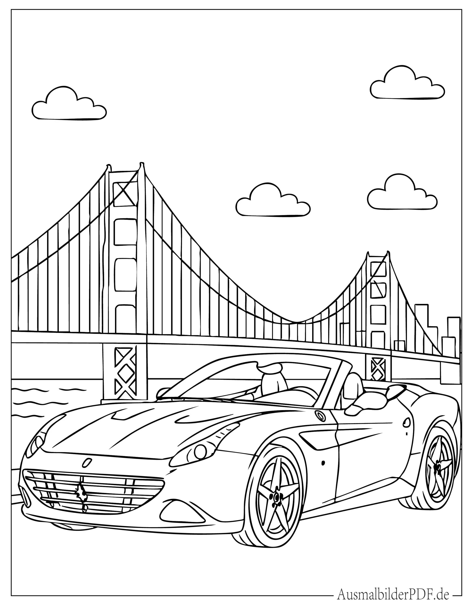 Ferrari California T Ausmalbild mit einer Brücke im Hintergrund