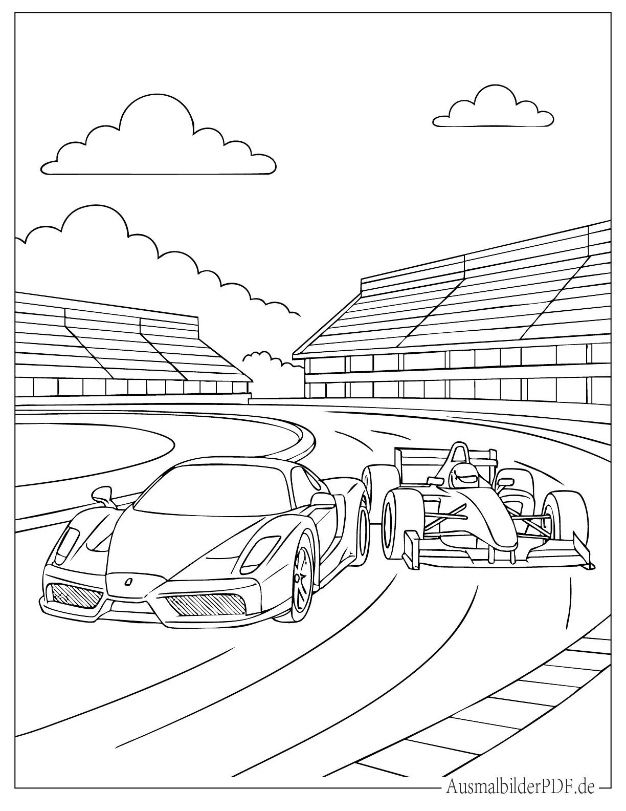 Ferrari Enzo und Rennwagen fahren auf der Rennstrecke Malvorlage