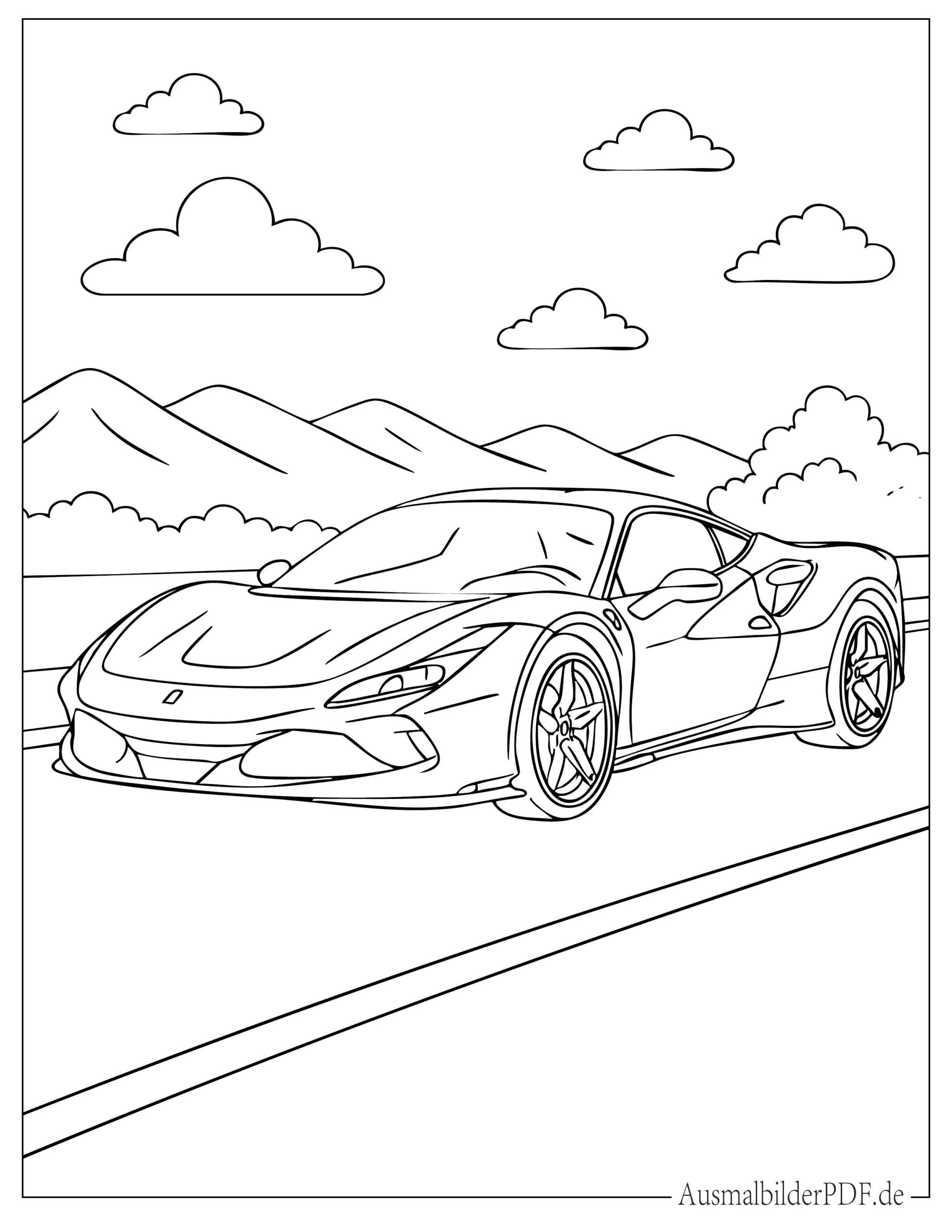 Kraftvoller Ferrari F8 Tributo mit markanter Frontpartie, als Ausmalblatt für Sportwagenfans