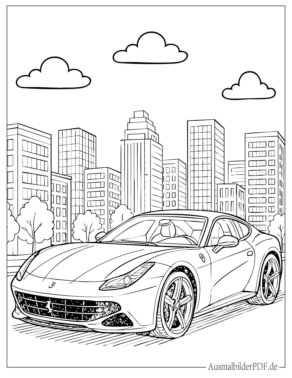 Ein Ferrari Malvorlage vor einer Stadtkulisse mit Gebäuden im Hintergrund