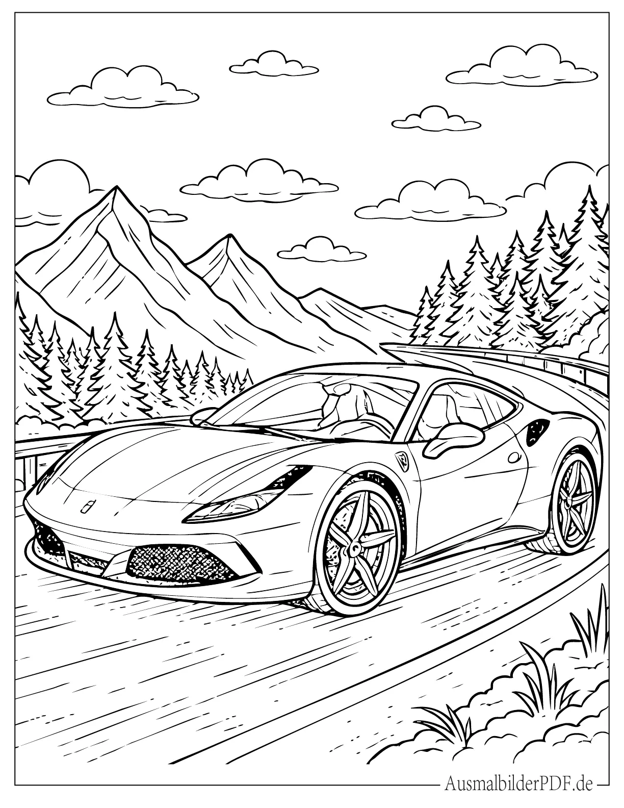 Realistischer Ferrari auf einer Bergstraße Ausmalbild