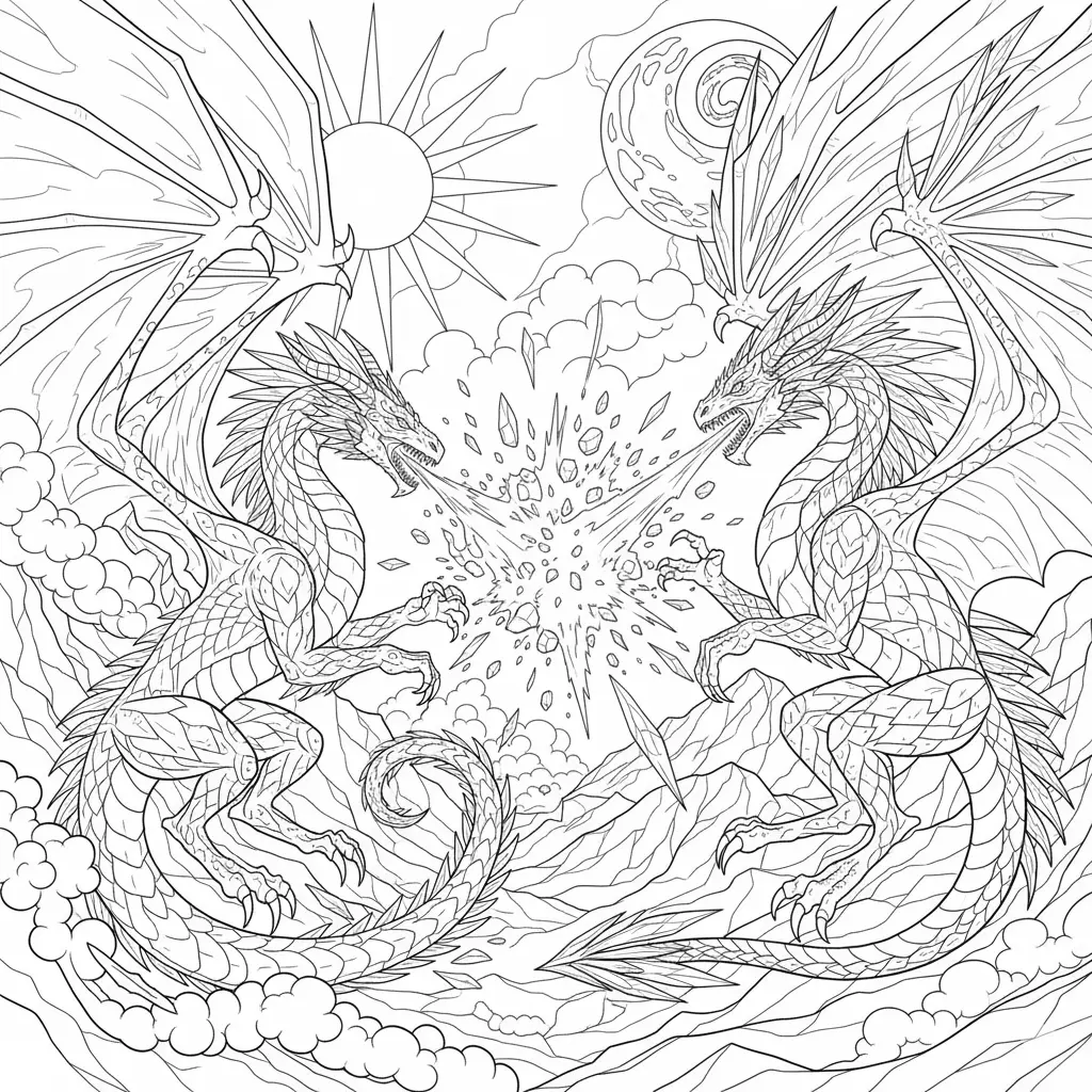 30 Drachen Ausmalbilder (Kostenlos Malvorlage zum Ausdrucken) Zwei Drachen kämpfen Feuer gegen Eis zum Ausmalen und Ausdrucken