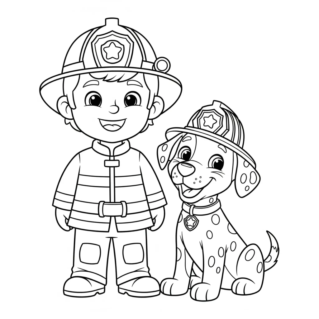 Ein freundlicher Feuerwehrmann im Comicstil steht neben einem sitzenden Dalmatiner mit Helm und Lächeln im Gesicht – lustige Malvorlage für Kinder