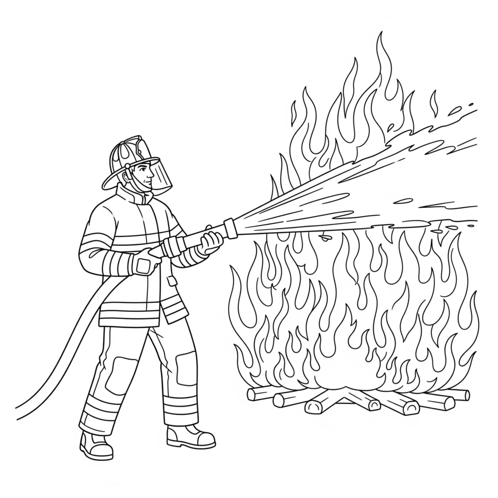 Ein Feuerwehrmann zielt mit einem Wasserschlauch auf lodernde Flammen und bekämpft das Feuer in voller Schutzausrüstung zum Ausmalen für Kinder