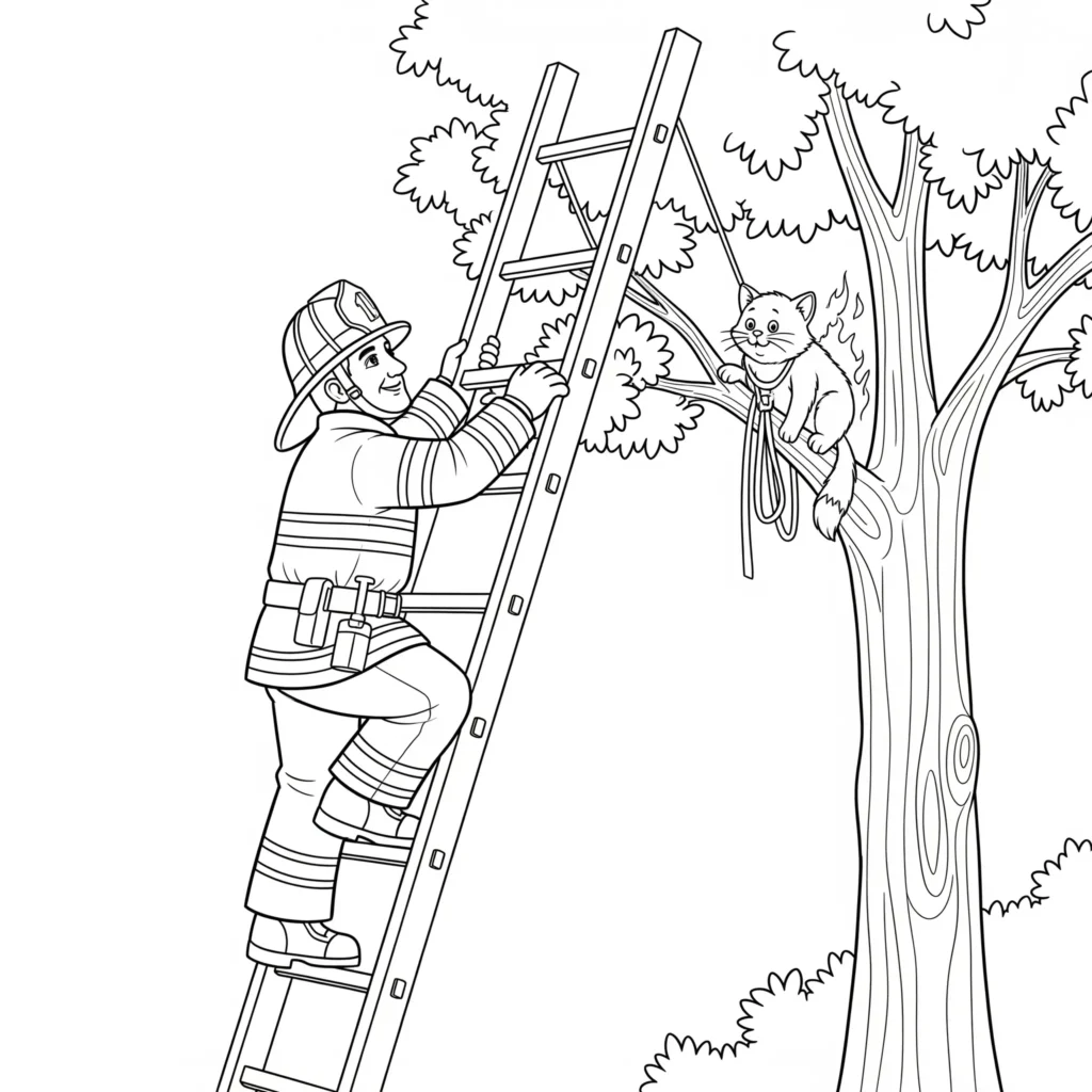 Diese liebevolle Malvorlage zeigt eine Katzrettung durch die Feuerwehr. Jetzt als PDF kostenlos herunterladen und ausmalen