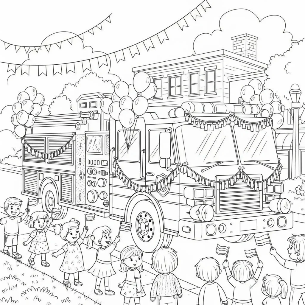 Ein festlich geschmücktes Feuerwehrauto fährt in einer Parade mit winkenden Menschen am Straßenrand – fröhliche Ausmalvorlage für Kinder
