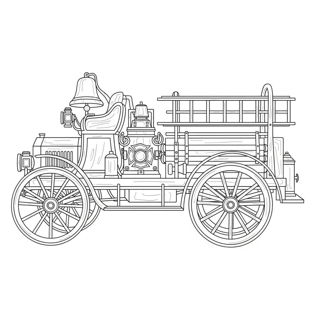 Ein altes, nostalgisches Feuerwehrauto mit großer Glocke und ausgerolltem Schlauch steht bereit zum Einsatz – klassische Malvorlage für Kinder