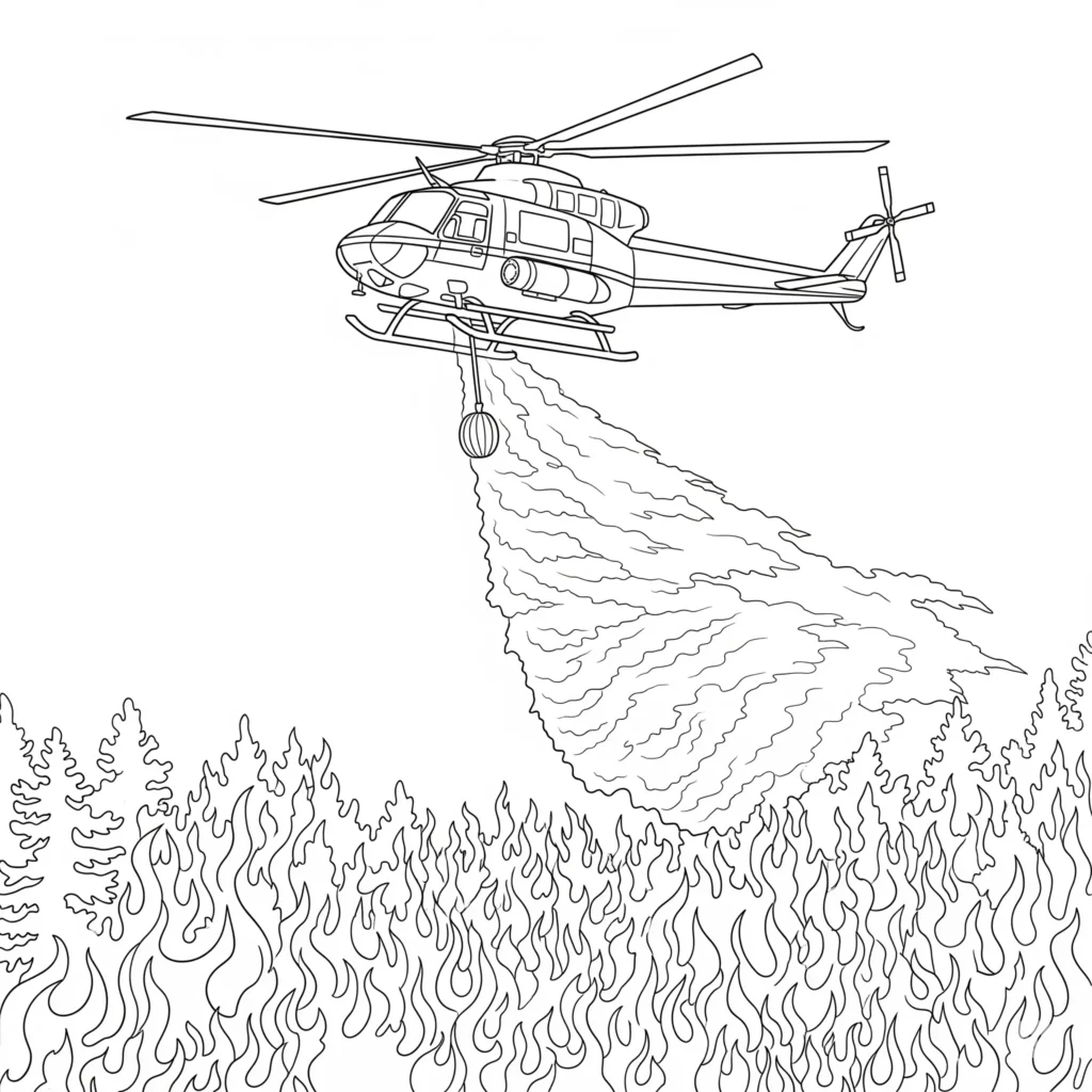 Ein Feuerwehrhubschrauber fliegt über einen brennenden Wald und lässt einen großen Wasserstrom aus einem Löschbehälter auf die Flammen fallen