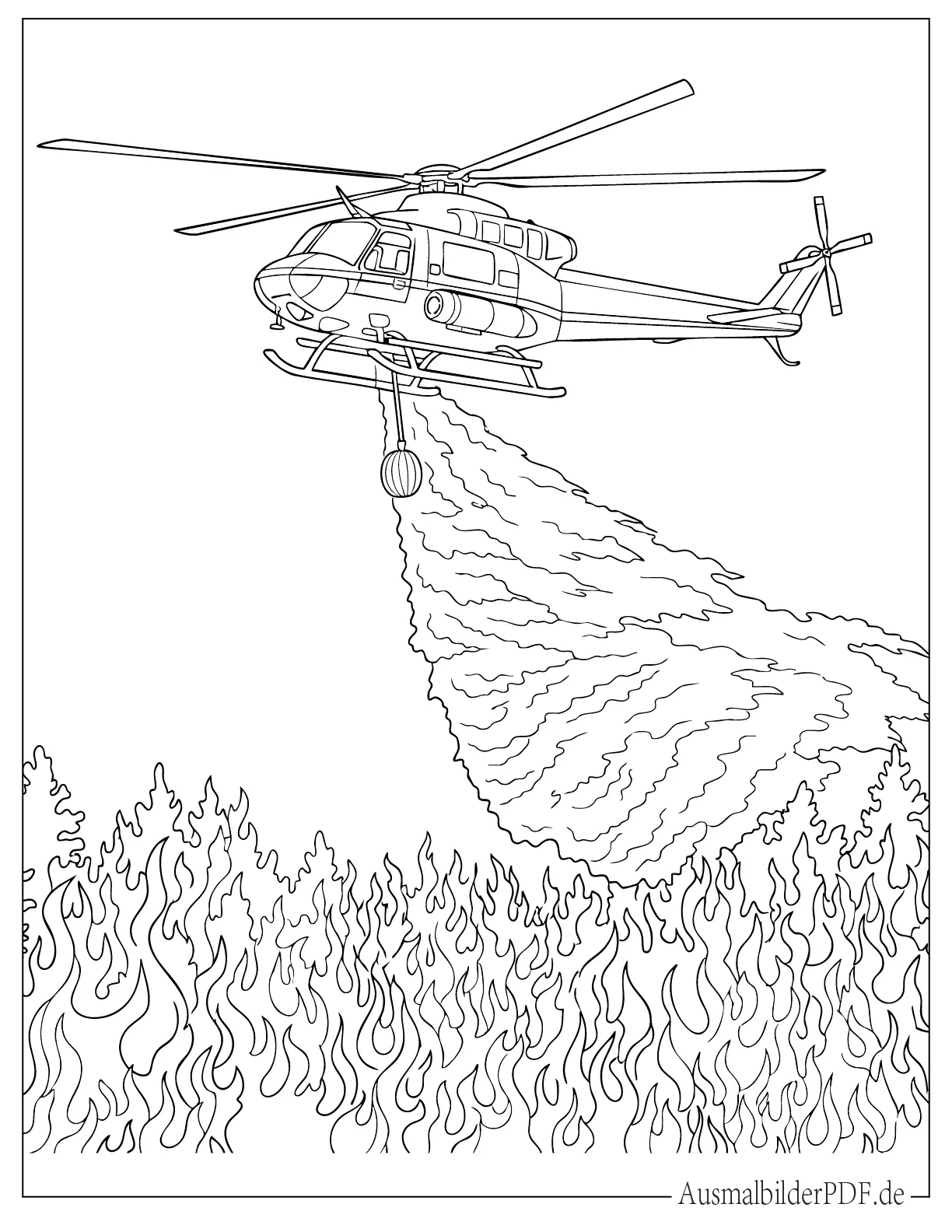 Feuerwehrhubschrauber lässt Wasser über Waldbrand fallen Ausmalbild