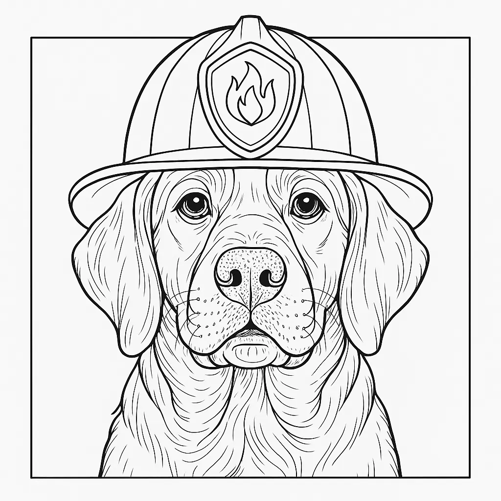 Ausmalbild eines Hundes mit Feuerwehrhelm – Hundeporträt in Schwarz-Weiß