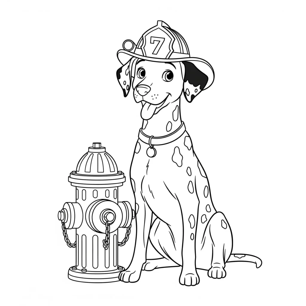 Ein freundlicher Dalmatiner trägt einen Feuerwehrhelm und sitzt aufmerksam bereit – süße Malvorlage für Kinder, die Feuerwehrhunde lieben
