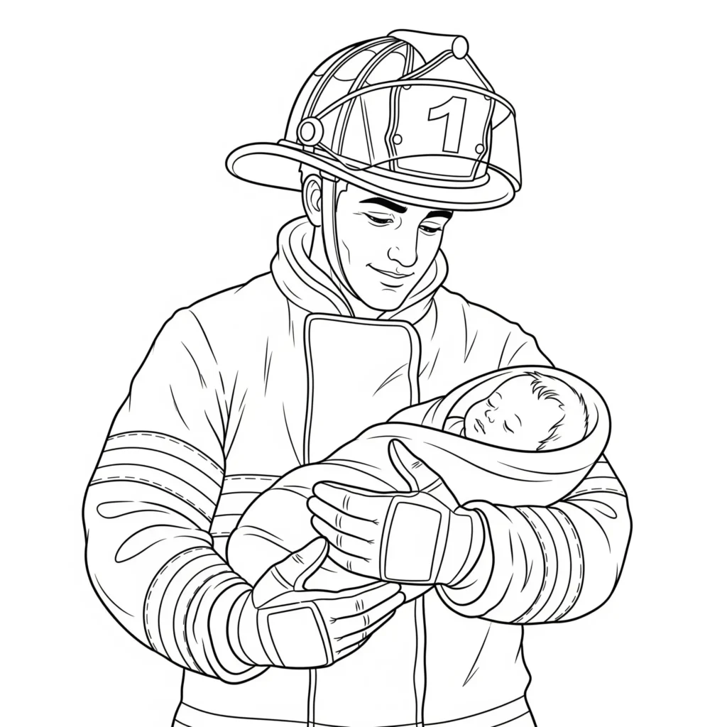 Ein mutiger Feuerwehrmann trägt behutsam ein Baby aus einem brennenden Haus – herzerwärmende Malvorlage für Kinder zum Ausmalen
