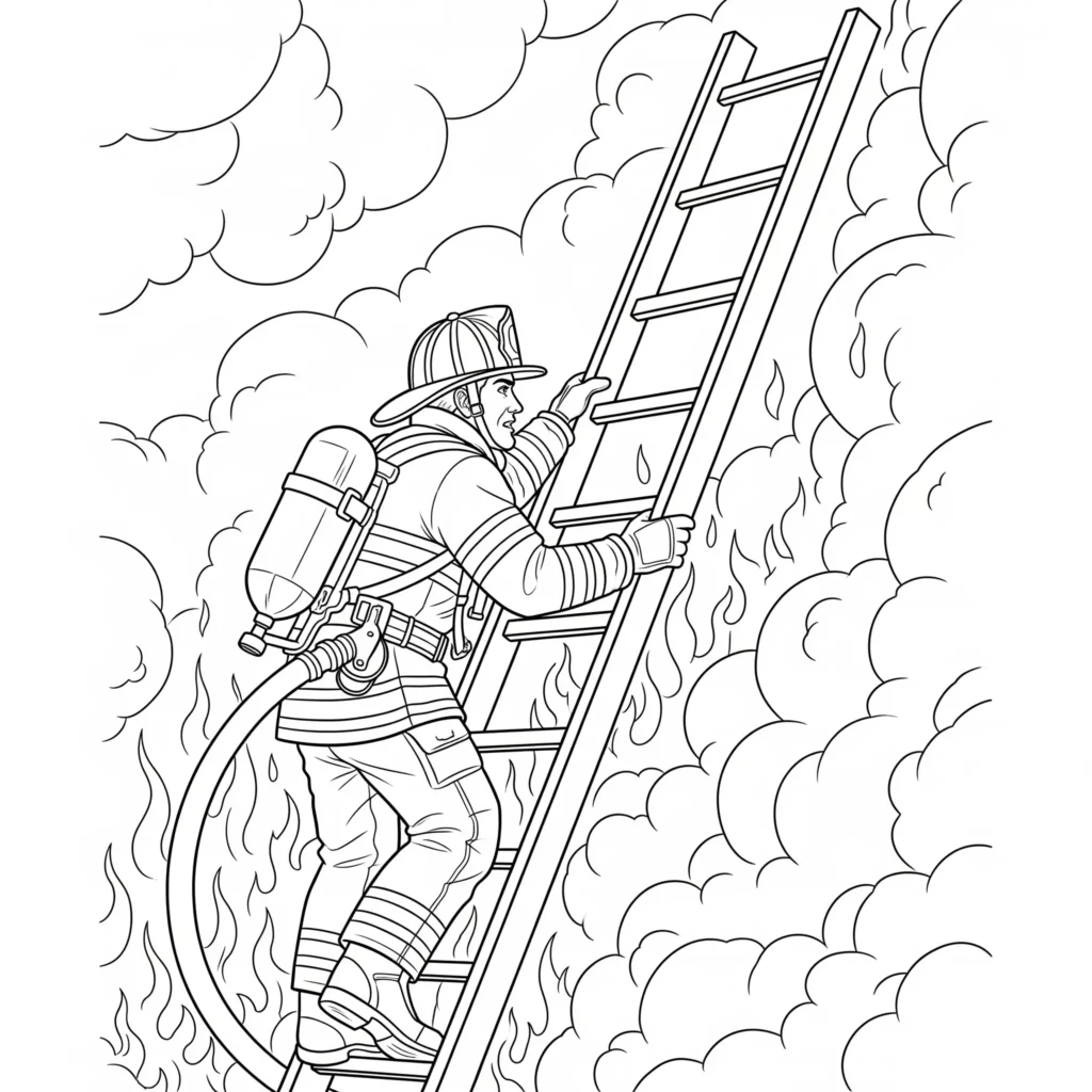 Diese Ausmalvorlage zeigt einen mutigen Feuerwehrmann beim Aufstieg auf eine Leiter an einem brennenden Gebäude. Jetzt kostenlos als PDF herunterladen und ausmalen.