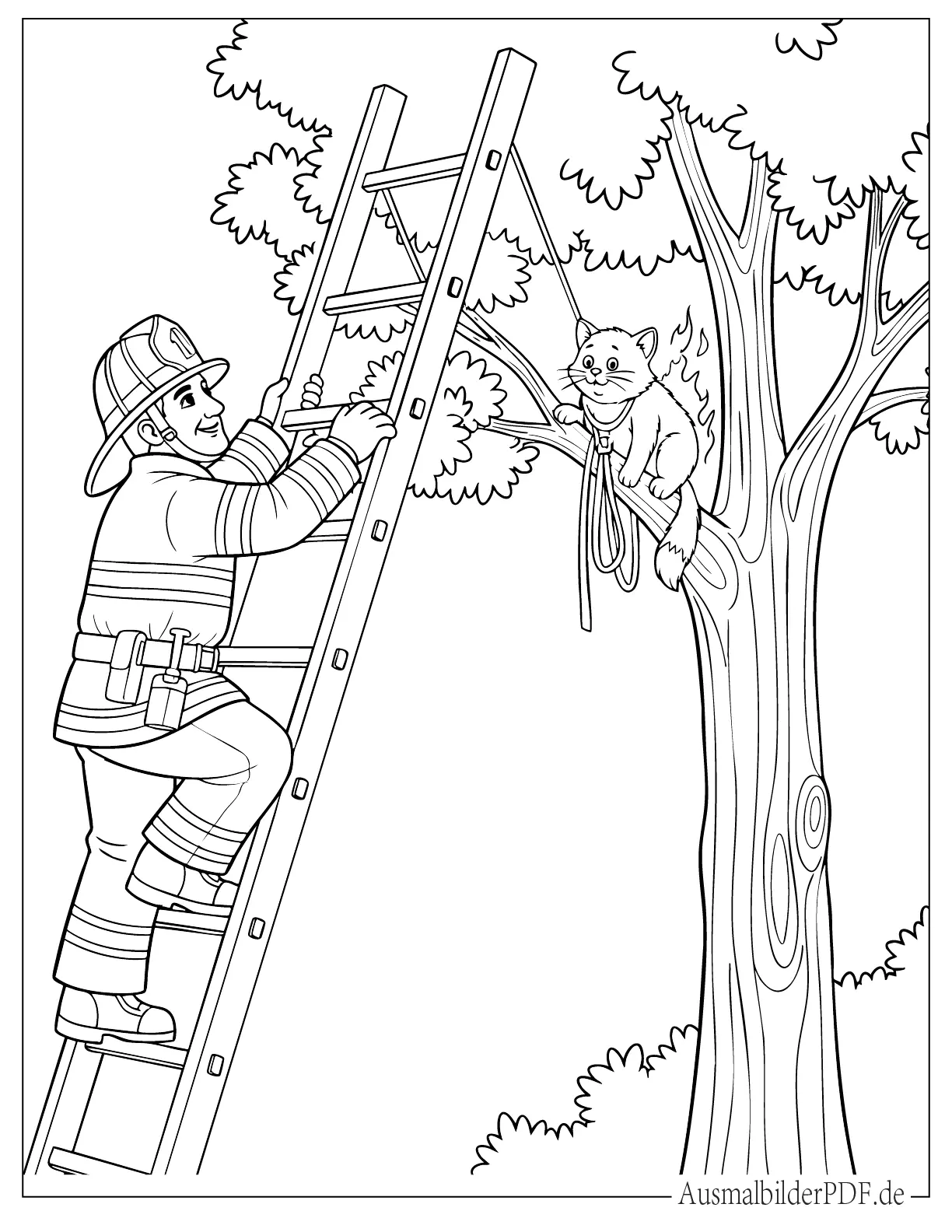 Feuerwehrmann rettet Katze vom Baum Ausdruckbare Malvorlage