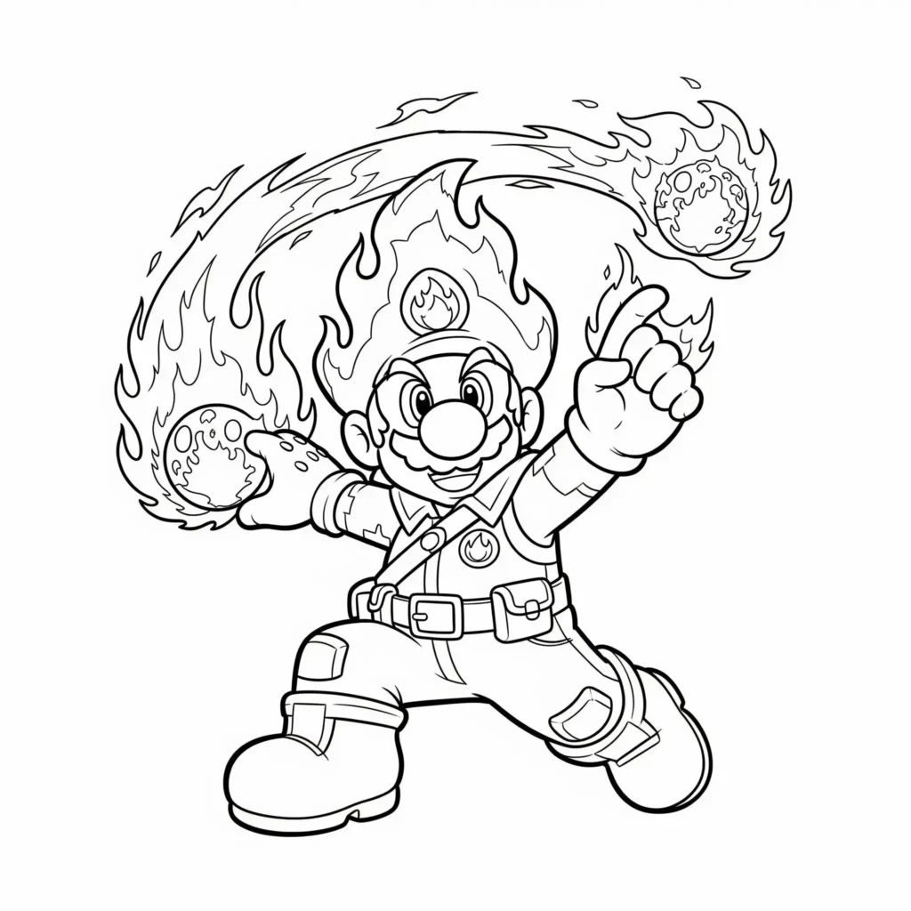 Ausmalbild zeigt Fire Mario in Aktion, wie er Feuerbälle wirft – ideal zum Ausdrucken und Ausmalen für Kinder