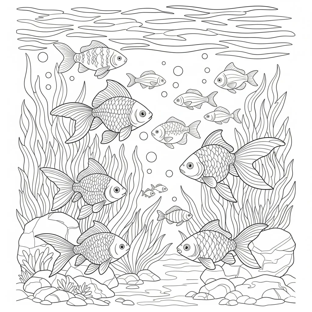 Fisch Ausmalbild mit einem Aquarium-Motiv. Ideal als PDF zum kostenlosen Ausdrucken und Ausmalen für Kinder.