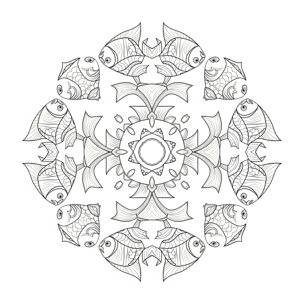 Ein kunstvolles Fisch Mandala Ausmalbild als PDF. Kostenlos zum Ausdrucken und Ausmalen für Kinder und Erwachsene.