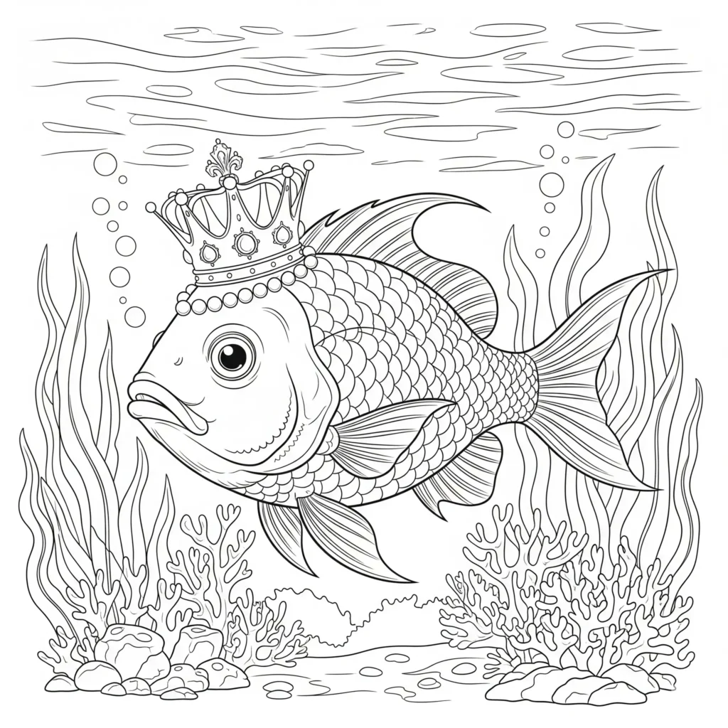 Dieses Ausmalbild zeigt einen Fisch mit Krone. Perfekte Malvorlage als PDF zum Ausdrucken und Ausmalen für Kinder.