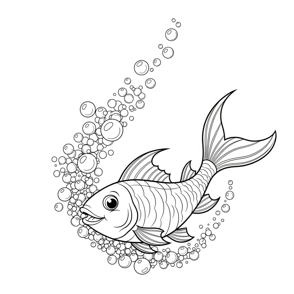 Ein Fisch schwimmt durch das Wasser und spielt mit vielen Luftblasen. Diese Fisch Druckvorlage ist ideal zum Ausdrucken und Ausmalen.