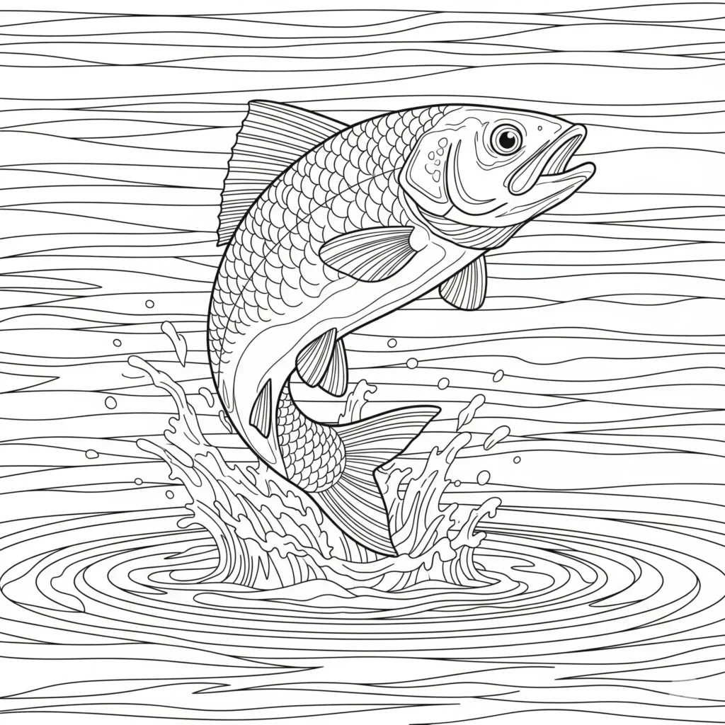 Diese Fisch Malvorlage zeigt einen springenden Fisch über dem Wasser. Ideal für Kinder zum Ausmalen und als PDF kostenlos verfügbar.