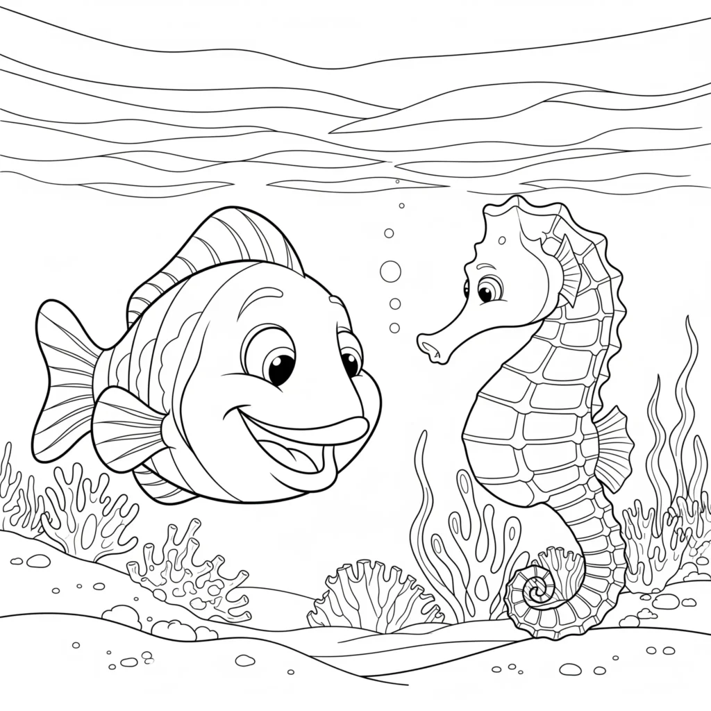 Ausmalbild mit Fisch und Seepferdchen. Kostenloses PDF zum Ausdrucken und Ausmalen für Kinder.