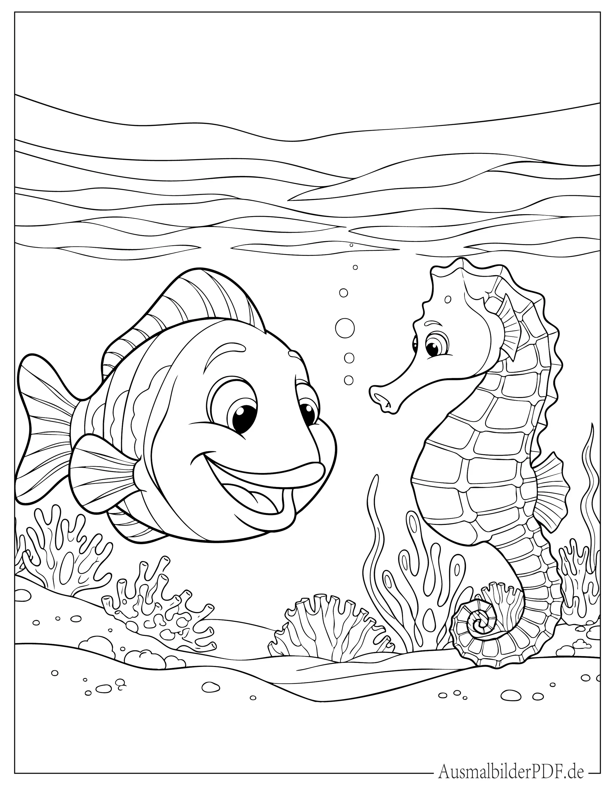 Ausmalbild Fisch und Seepferdchen unter Wasser