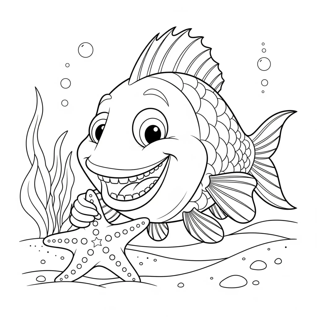 Dieses Ausmalbild zeigt einen Fisch und einen Seestern im Meer. Perfekte Malvorlage zum kostenlosen Ausdrucken für Kinder.