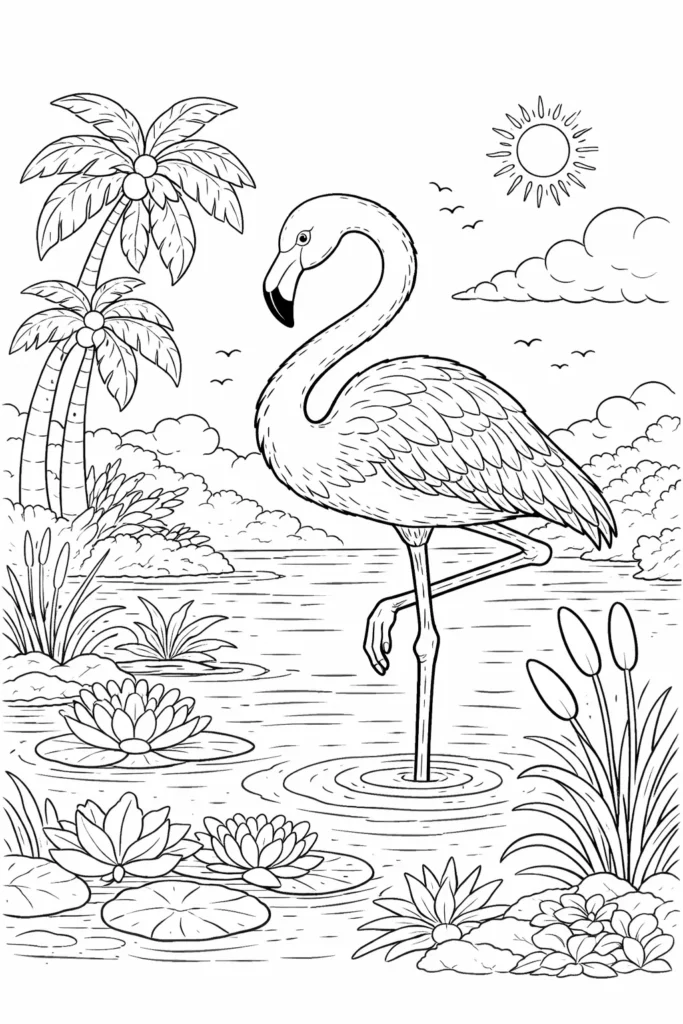 Detailliertes Flamingo Ausmalbild mit elegantem Vogel und tropischem Hintergrund zum Ausmalen