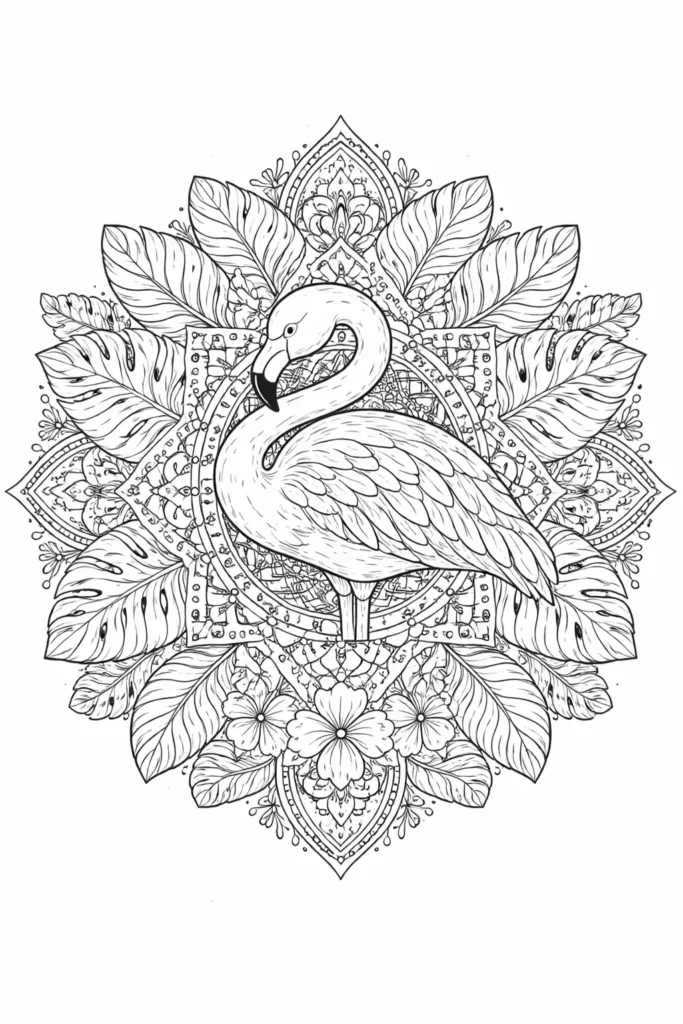 Detailliertes Ausmalbild eines Flamingos umgeben von Blättern und Mandala Mustern als kreative Malvorlage und Druckvorlage