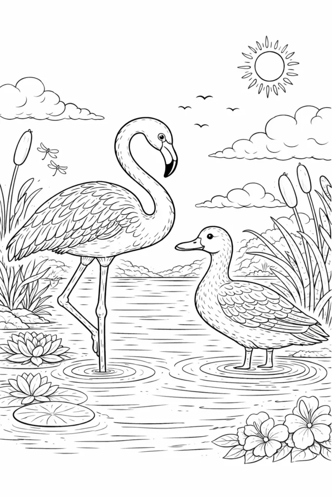 Ausmalbild mit einem Flamingo und einer Ente im flachen Wasser als Druckvorlage und kreative Malvorlage für Kinder und Erwachsene